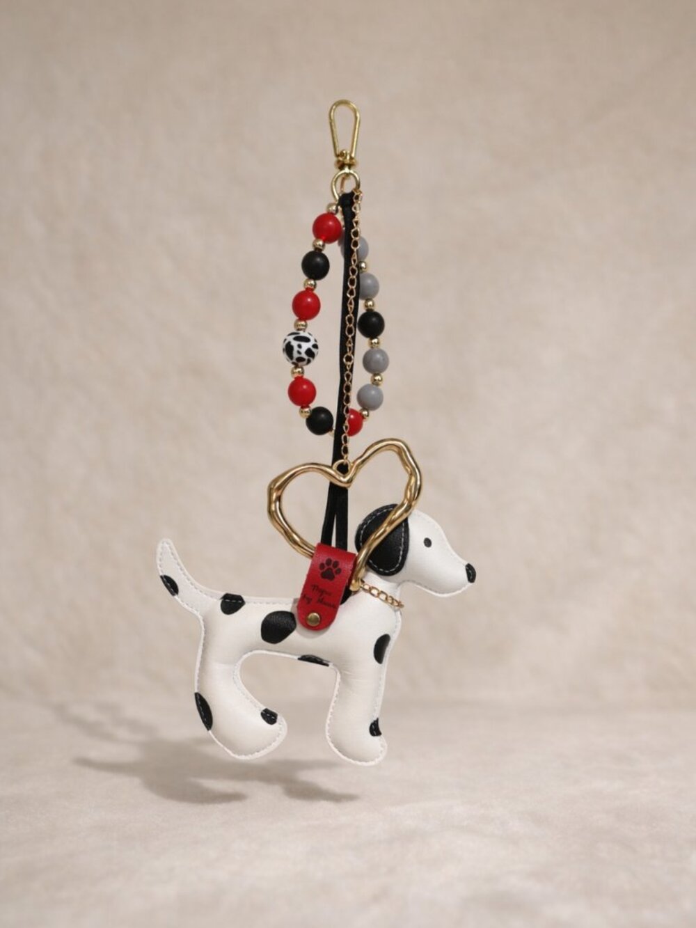Dalmatian Dog Keychain – Red Strap, Beads & Heart Charm - 11"